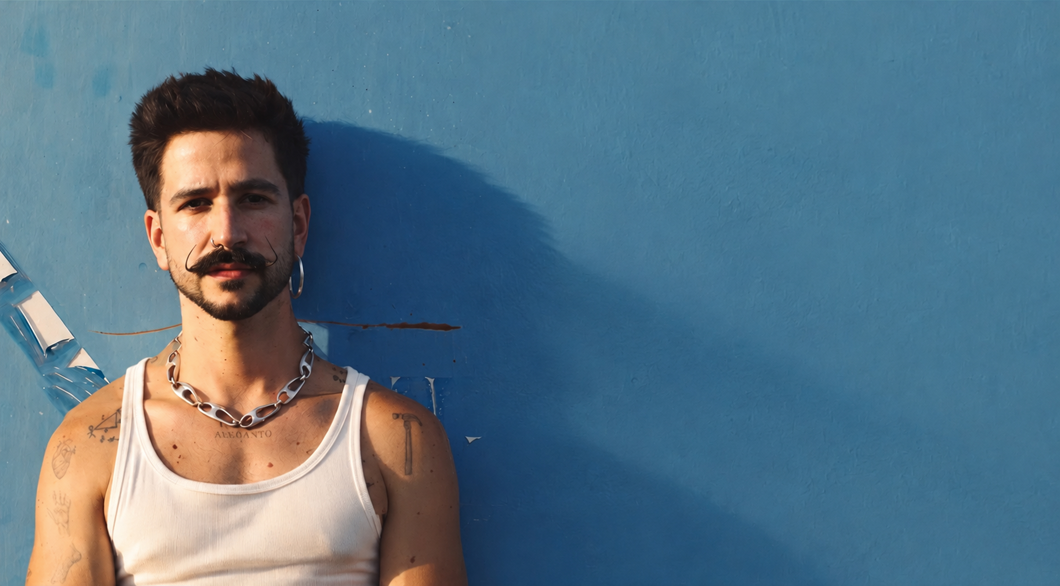 Camilo leaning against a blue wall in a white tank top
