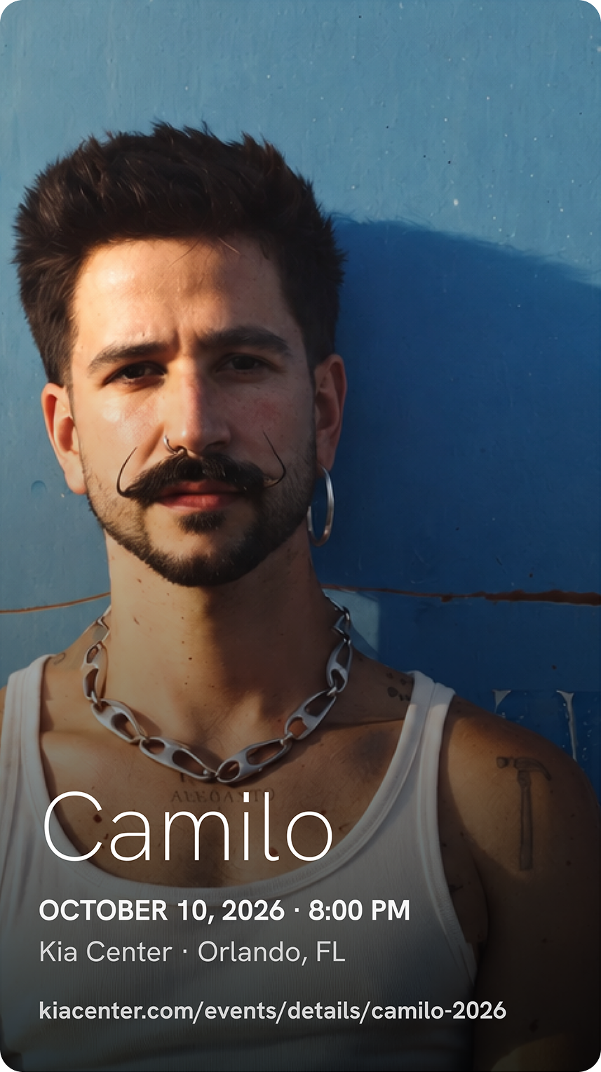 Story card for Camilo at Kia Center on October 10, 2026 at 8:00 PM, with the event link printed on it
